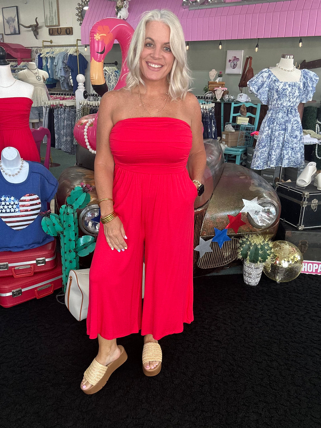 DOUBLE LAYERED TUBE TOP JUMPSUIT IN RUBY RED