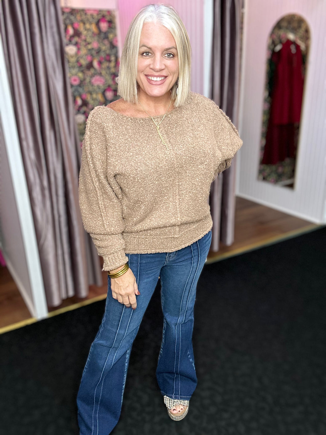 Wide Neck Oversized Pullover Sweater in latte