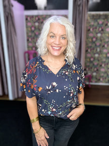 Floral Printed Top with Ruffled V Neck Detail