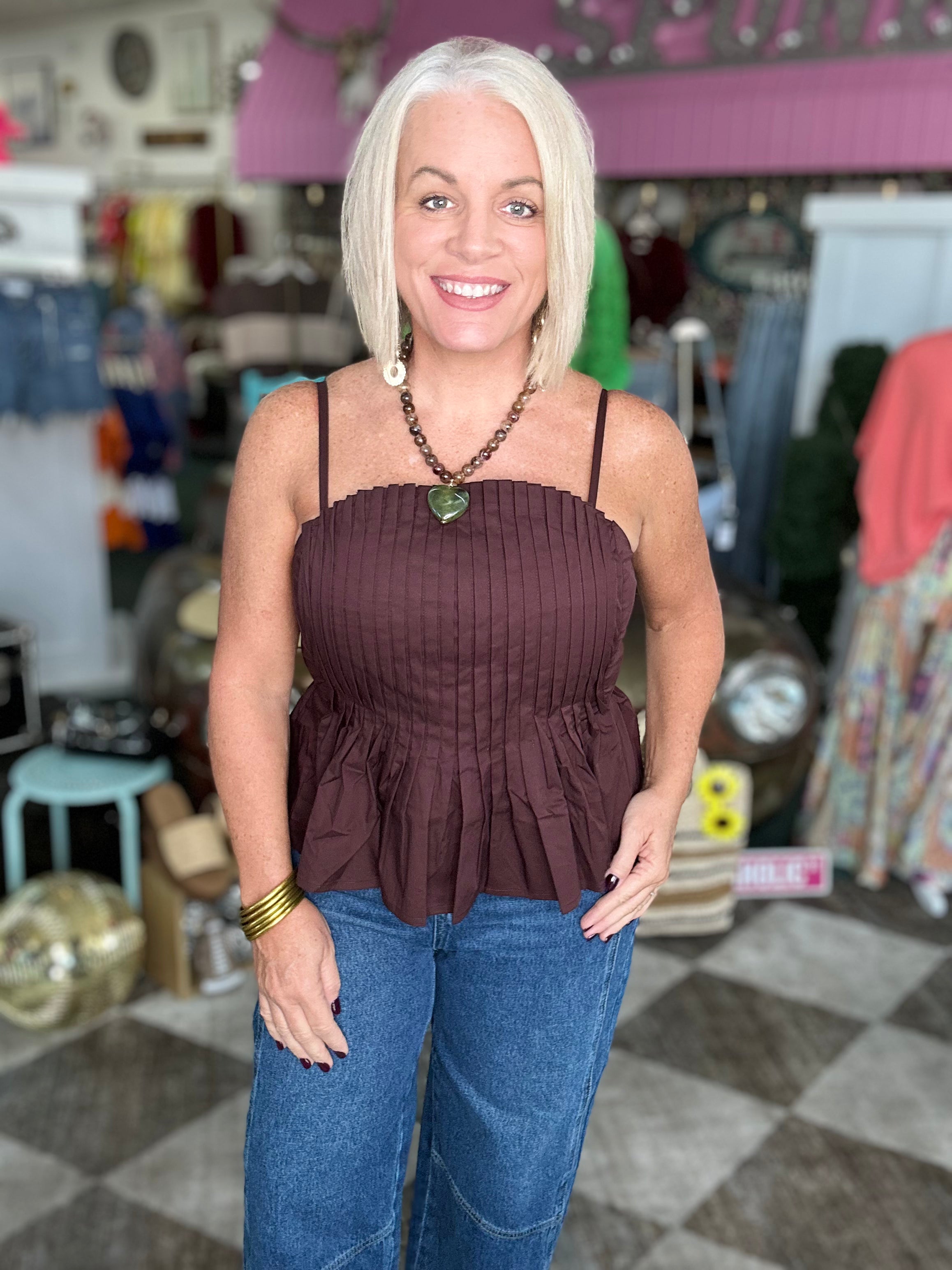 Dark Mocha Brown Pleat Top