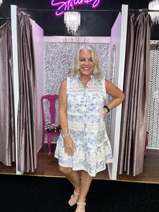 BLUE SCALLOP LACE TRIM MINI DRESS