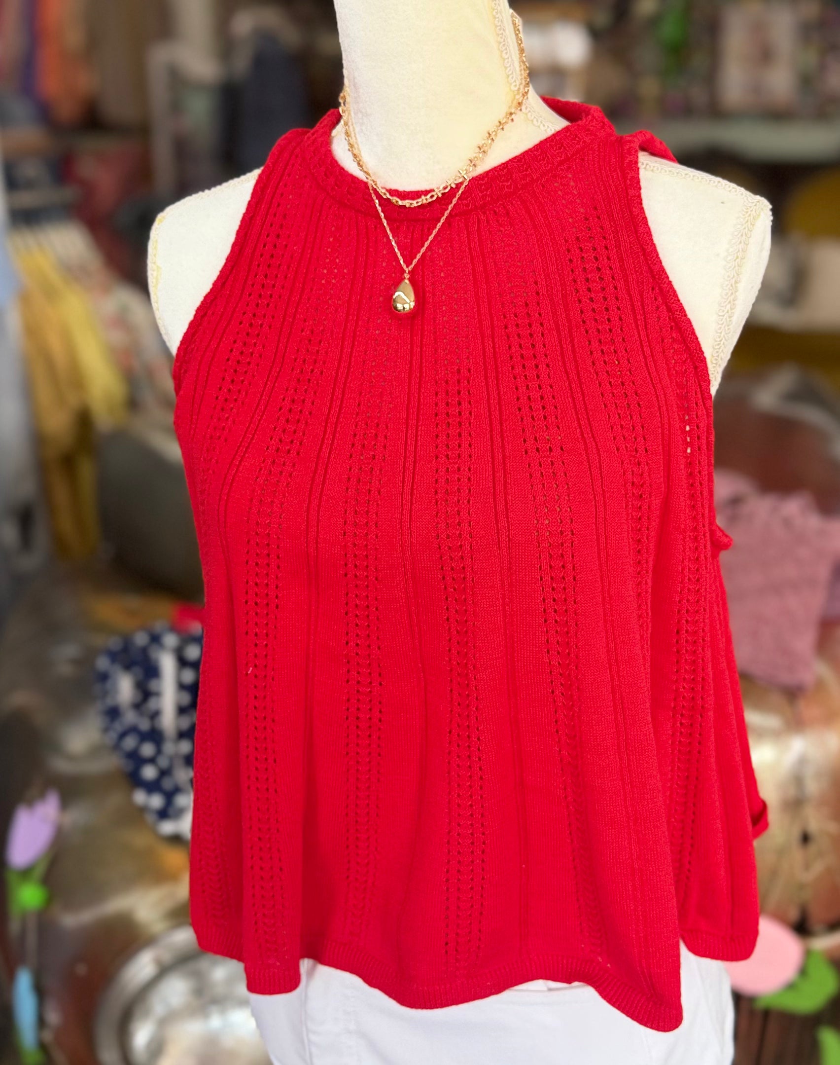 Poppy Red Sleeveless Pointelle Sweater Knit Tank