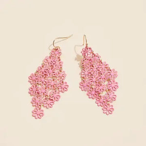 Metal Flower Filigree Linked Dangling Earrings in pink