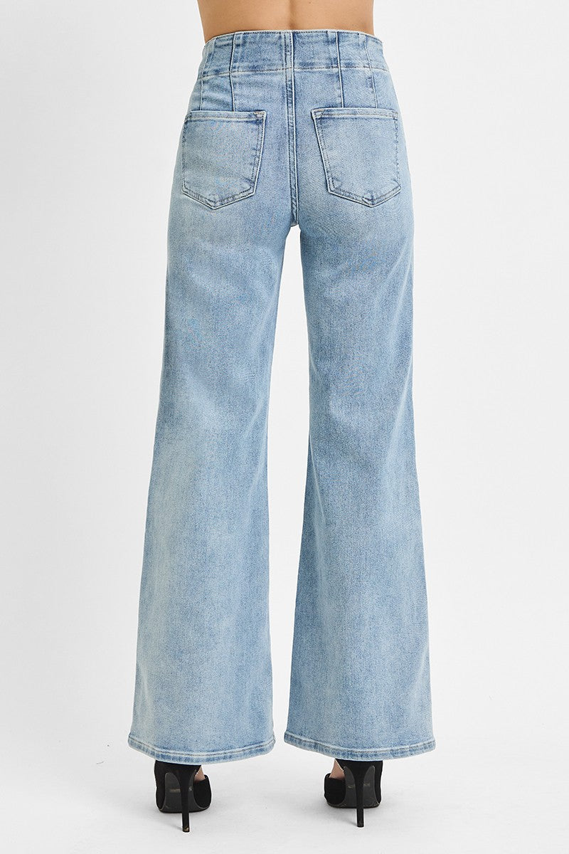 Risen High Rise Wide Front & Back Dart Waist Jeans