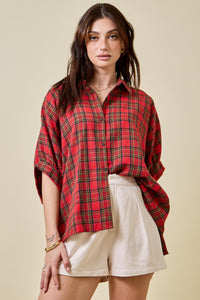 Oversized Button Down Christmas Plaid Shirt
