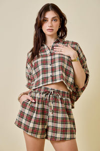 Tan Plaid Cropped Button Down Shirt & Shorts Set
