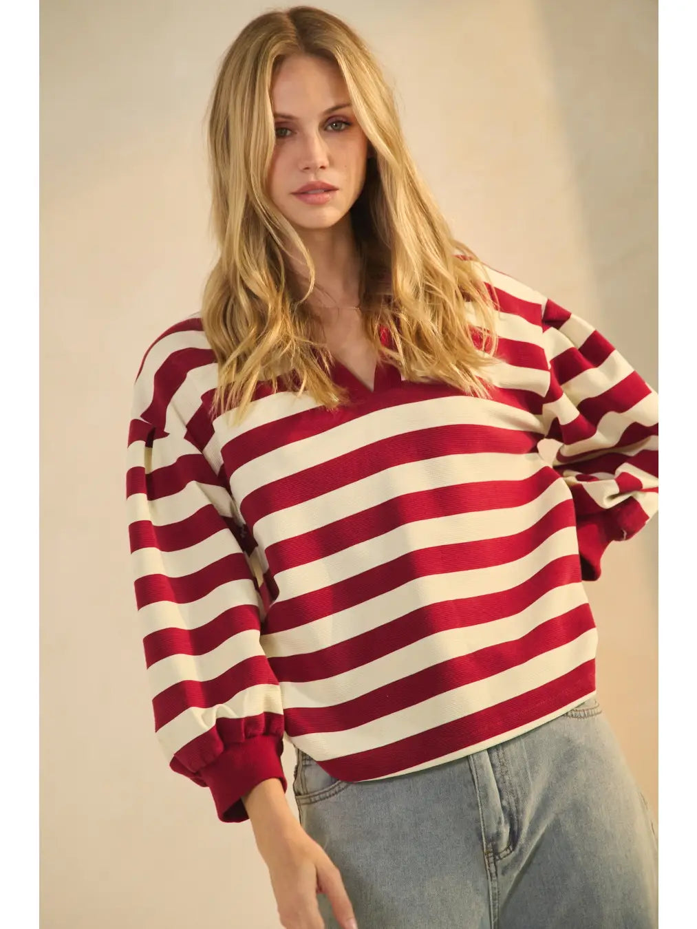 Striped Ottoman Pullover in Dark Red