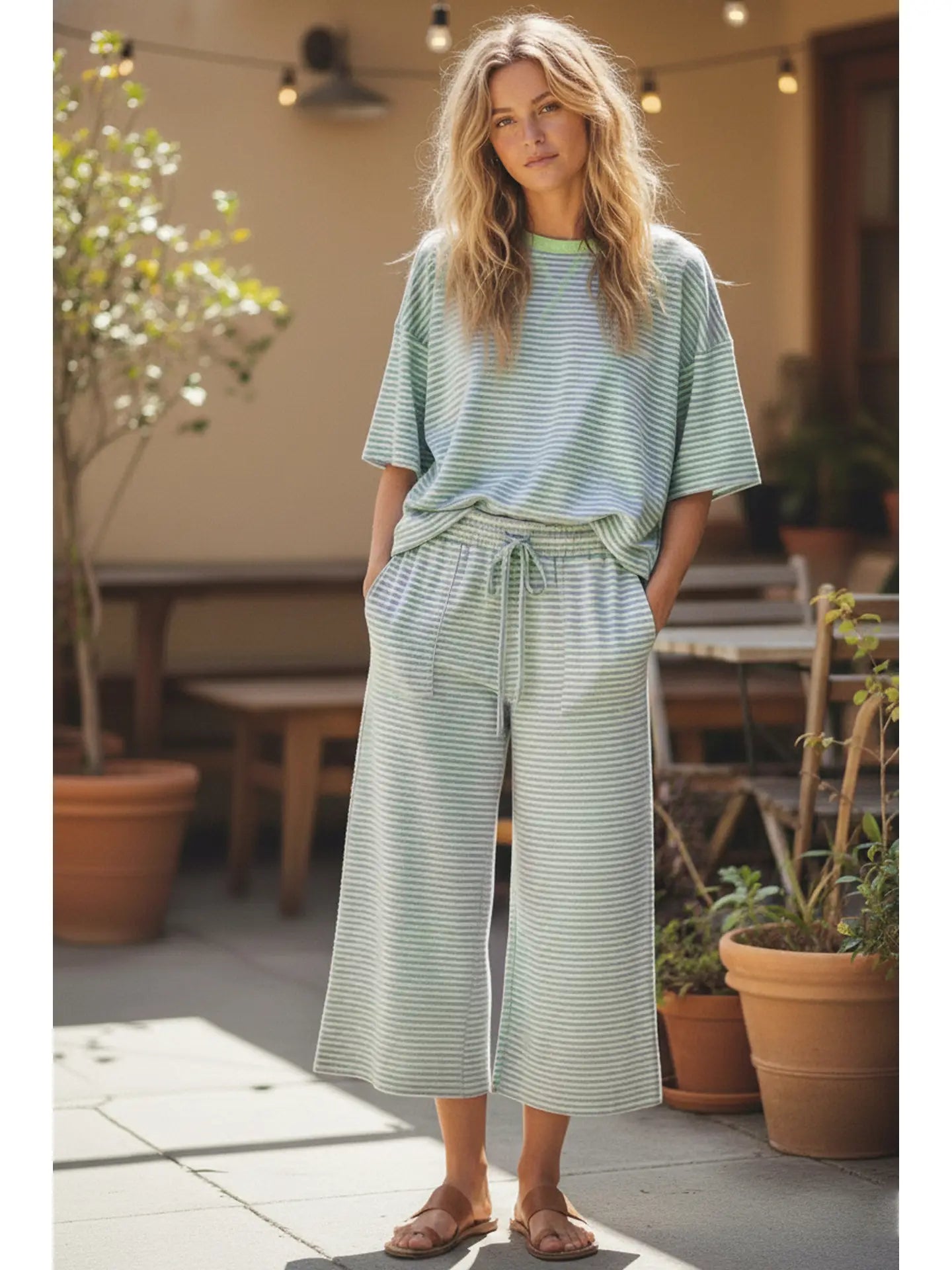 Striped Knit Top and Pants Set in Mint/Lilac