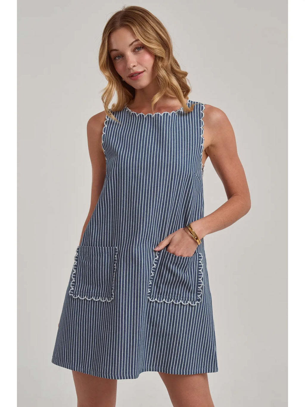 Sleeveless Stripe Denim Mini Dresswith Scalloped Embroidery