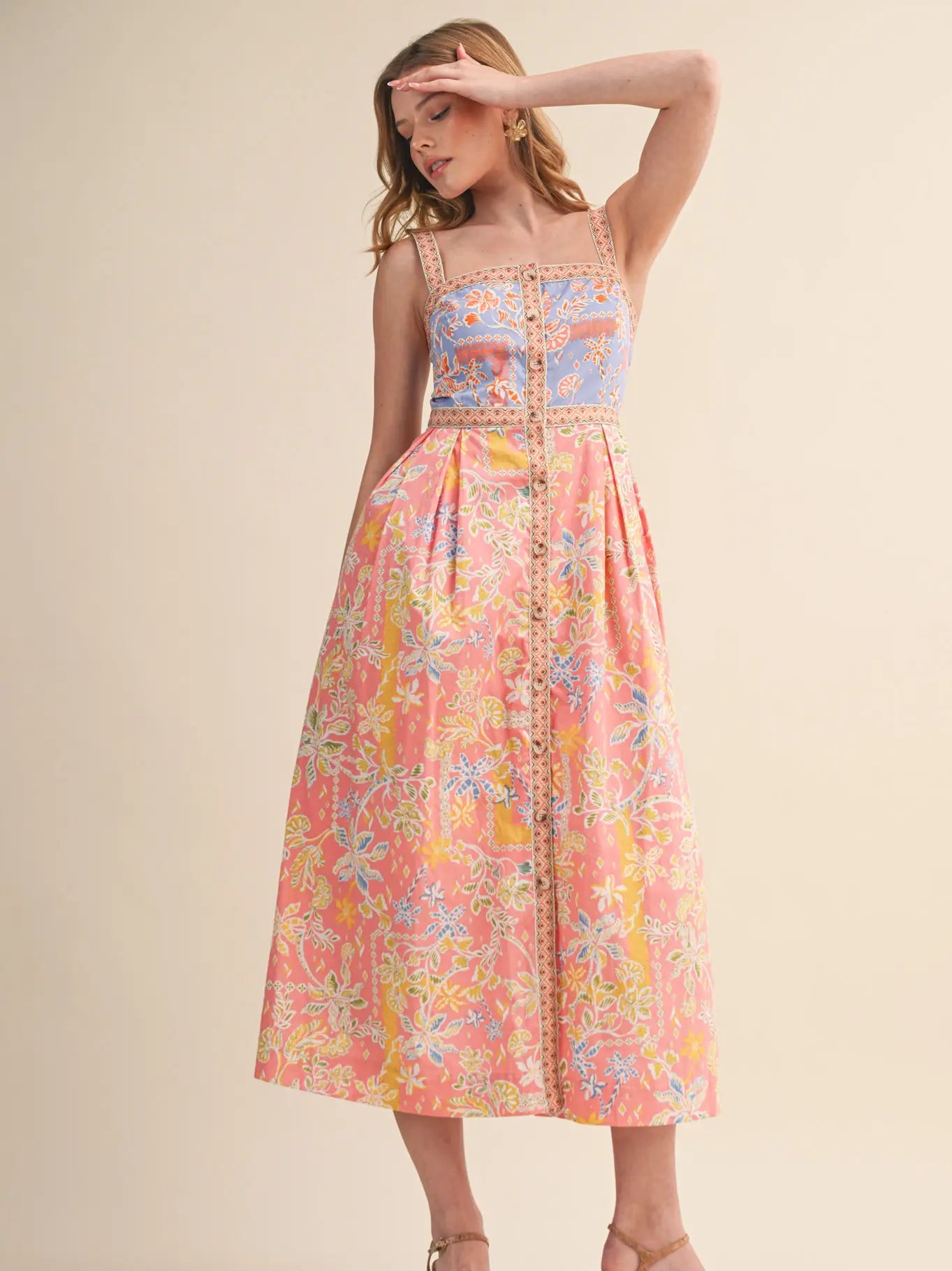 Peach Floral Button Down Tape Trim Midi Dress
