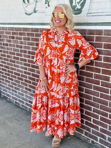 Abstract Leaf Print Tiered Ruffle Maxi Dress