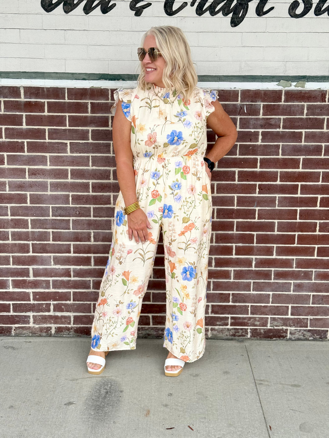 Womens Floral Smock Neck Sleeveless Jumpsuit