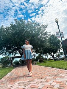 Clearance Stripe Flutter Sleeve Twofer Denim Mini Dress