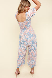 SQUARE NECK SMOCKED FLORAL PRINT JUMPSUIT