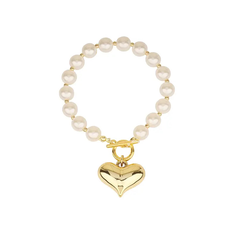 8mm Pearl Beaded with Toggle and Puffy Heart Bracelet