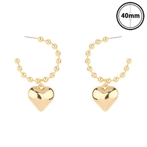 Gold 3mm Beaded with Gold Puffy Heart 2" Hoop Earrings