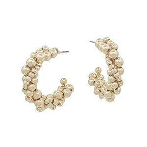 Gold Beaded Twist Design 1.25" Hoop Earring