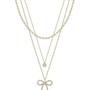 Gold Layered Chain with Rhinestone Bow 16"-18" Necklace