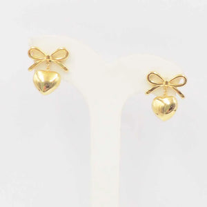 Stainless Steel Gold Open Bow with Puffy Heart 1" Drop Earring