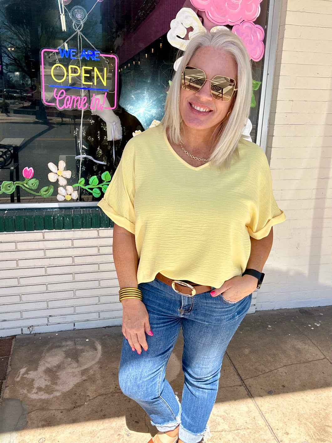 Dolman Sleeve V Neckline Blouse in Lemon