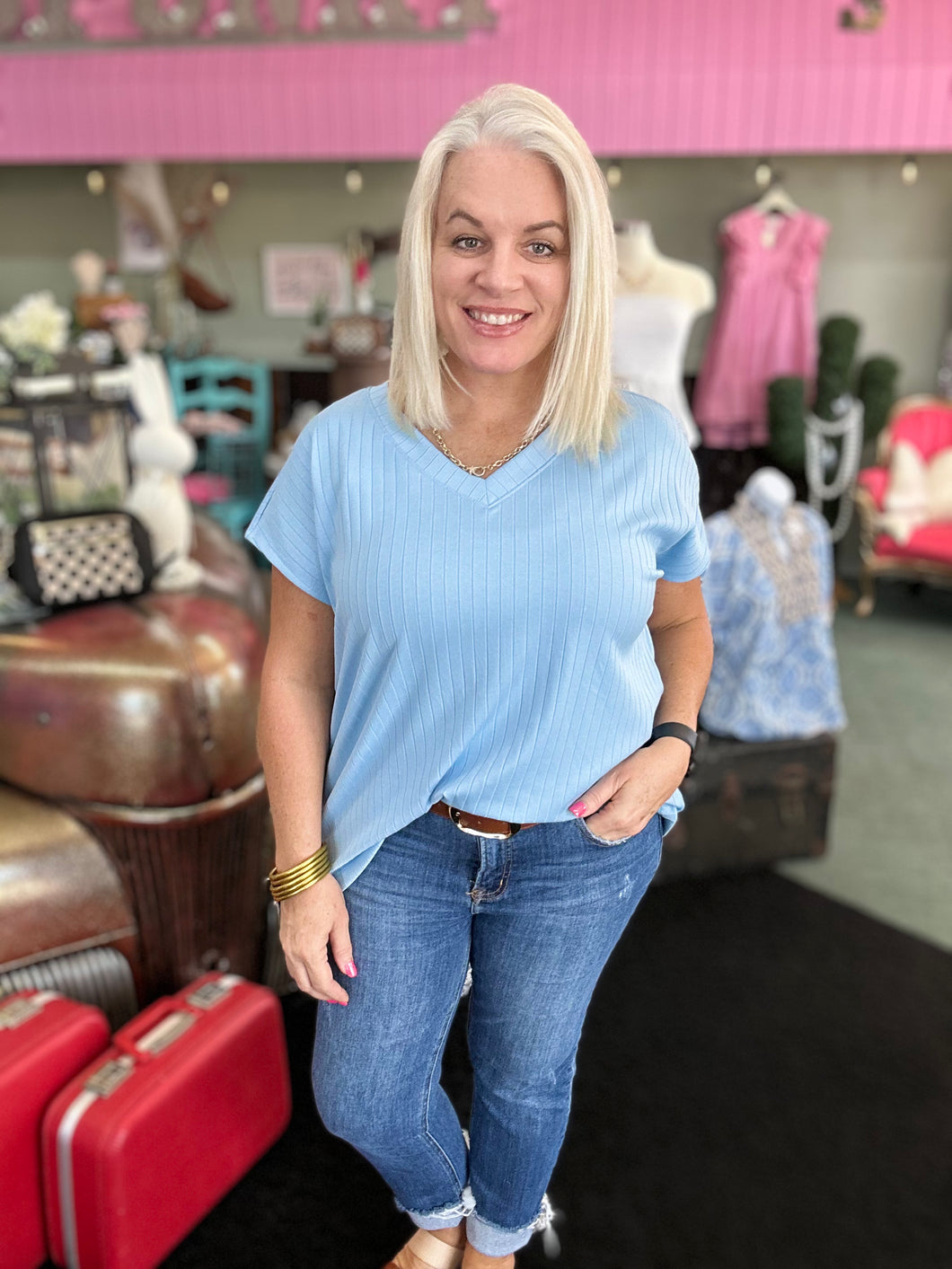 Thick Ribbed V Neck Top in sky blue