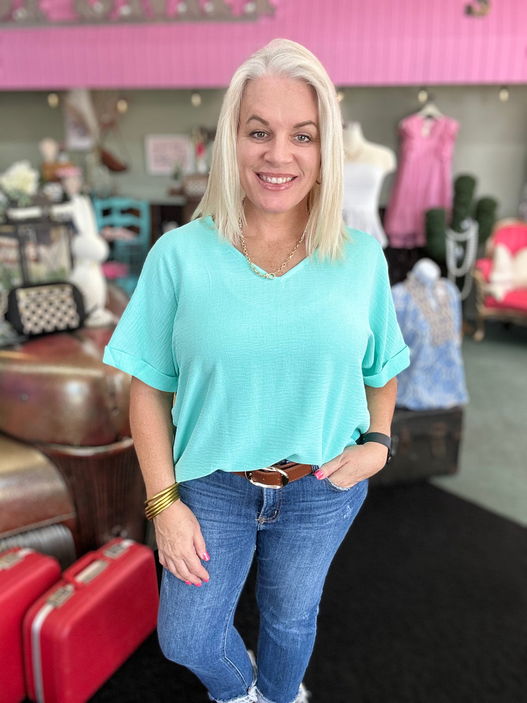 Dolman Sleeve V Neckline Blouse in aqua