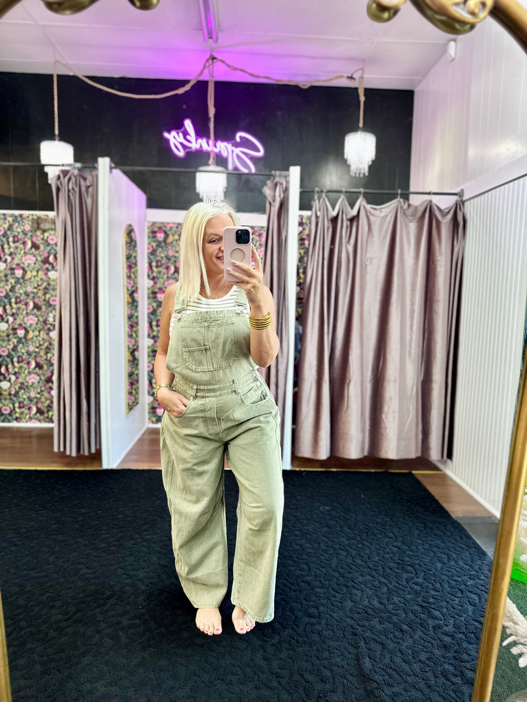 Slouchy Washed Twill Barrel Denim Overalls in vintage olive
