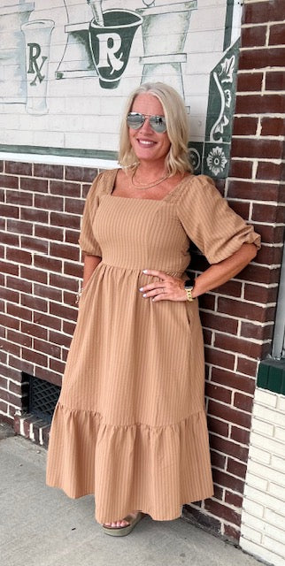 Solid Textured Midi Dress in Taupe