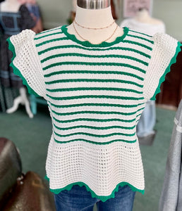 Green Strip Pattern Knit Cap Sleeve Pullover Top