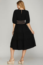 Load image into Gallery viewer, BLACK TIERED MIDI DRESS WITH TAUPE PIPING
