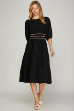 Load image into Gallery viewer, BLACK TIERED MIDI DRESS WITH TAUPE PIPING
