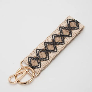 Beige and Black Wave Pattern Straw Wristband/Key Chain