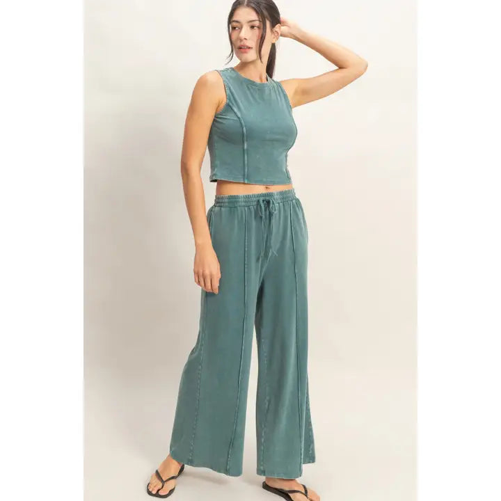 Dark Teal Mineral Washed Sleeveless Top & Wide Leg Pants Set