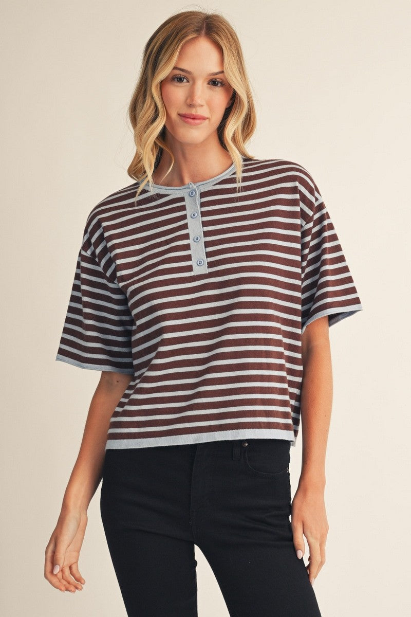 Brown and Blue Stripe Lightweight Sweater Top