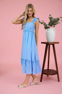 RUFFLE DETAIL EMPIRE WAIST SLEEVELESS MIDI DRESS: BLUE