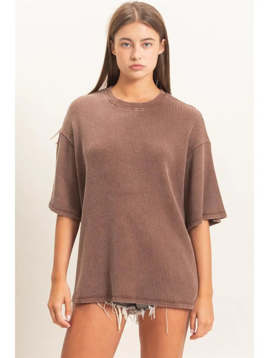 Mineral Wash Waffle Short Sleeve Top in dark brown