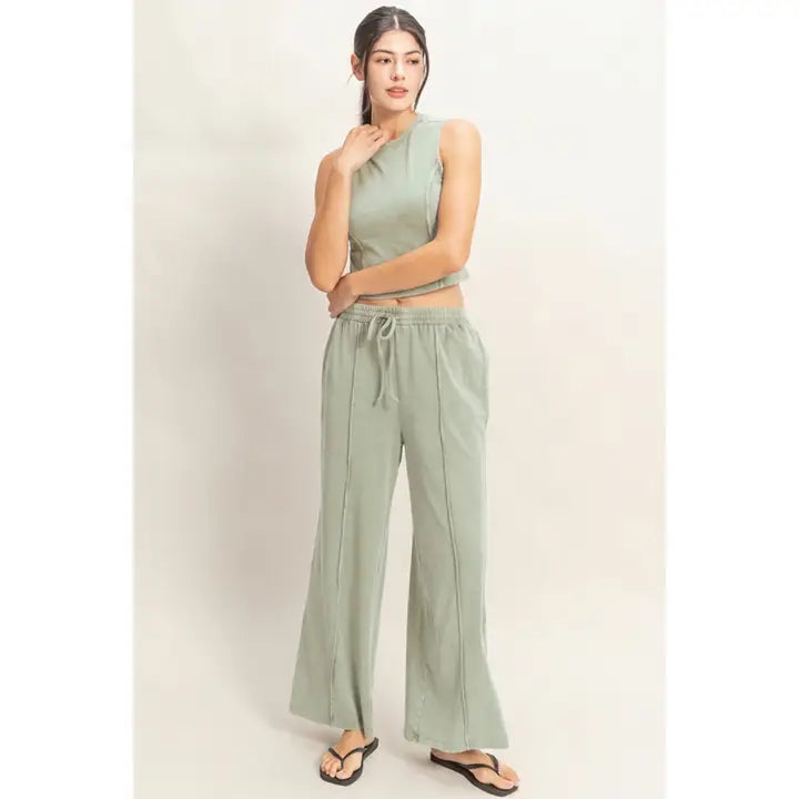 Sage Mineral Washed Sleeveless Top & Wide Leg Pants Set
