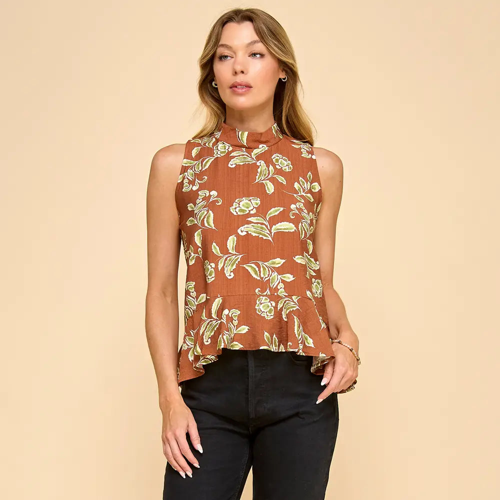 Brown Printed Top with Back Button Detail
