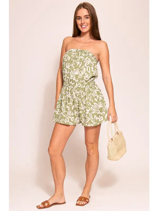 Juniors Earthy Print Elastic Waist Romper in Sage and Ivory