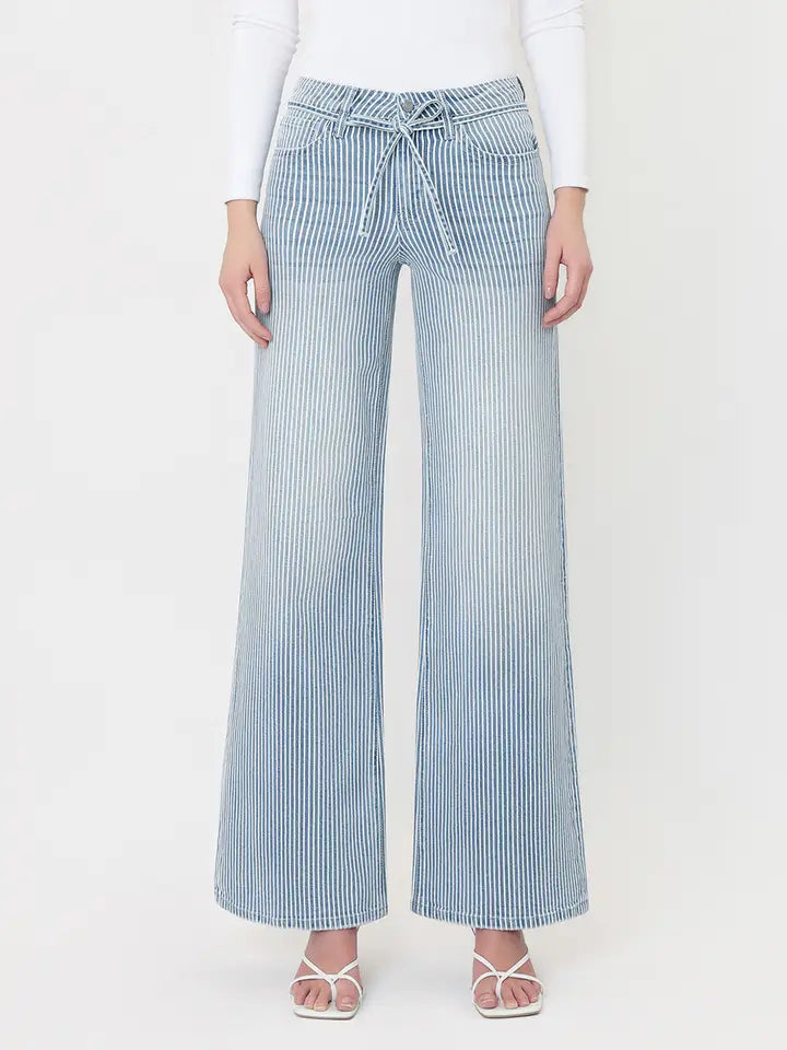 Vervet High Rise Waist Tie Striped Wide Leg Jeans