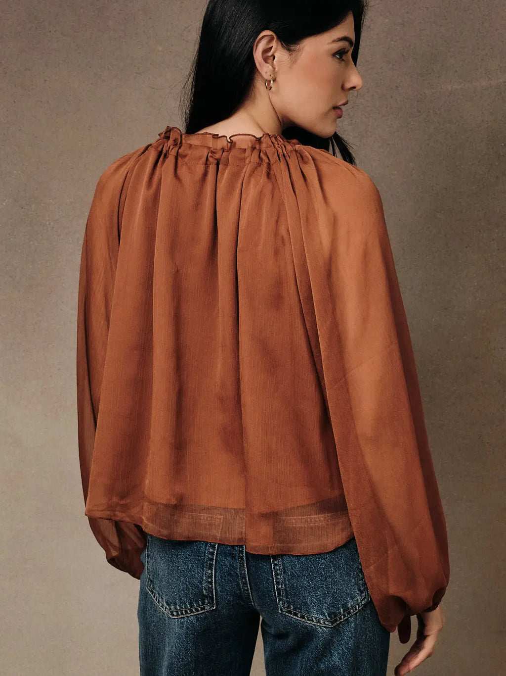 Crinkle Chiffon Ruffled Tie Neck Peasant Blouse in Rust