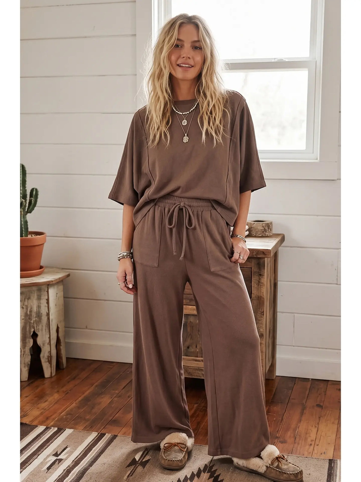 Brushed Stretch Boxy Top & Wide Leg Pant Set in Mushroom