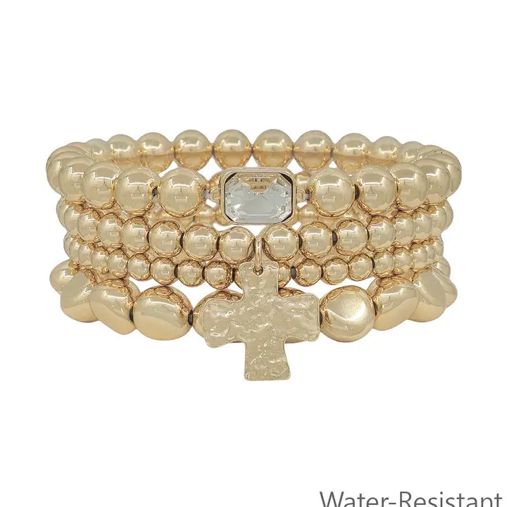 Water Resistant Set of 4 Gold and Cross Stretch Bracelets