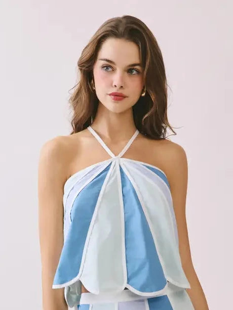 Blue Color Block Scalloped Edges Detail Halter Top