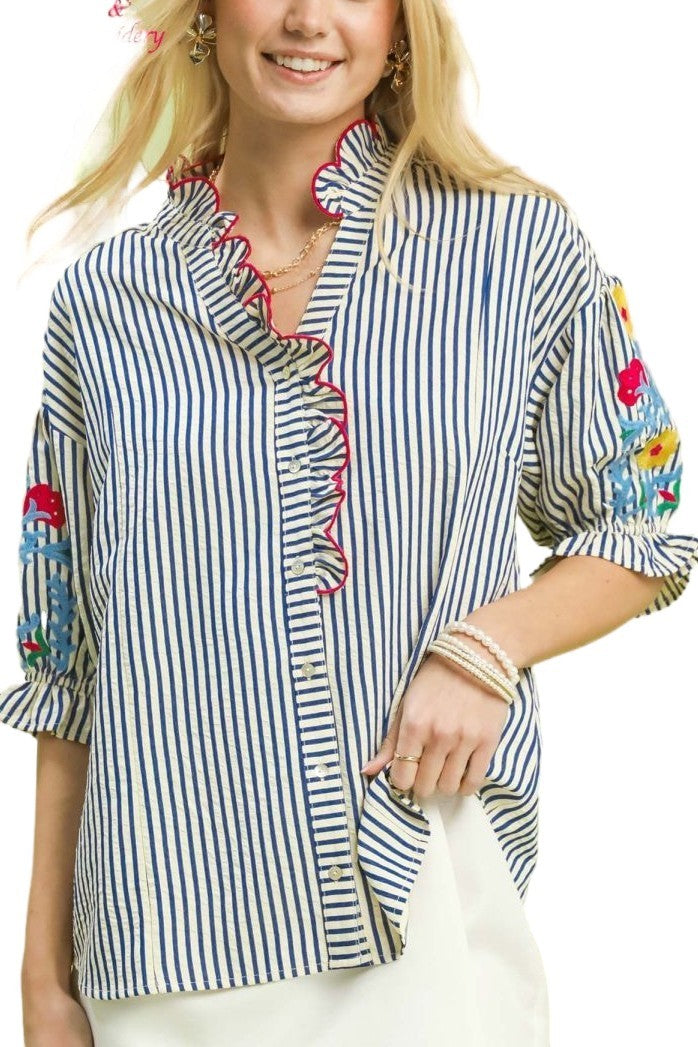 Blue Stripe Embroidered Ruffle Trim Blouse