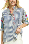 Blue Stripe Embroidered Ruffle Trim Blouse