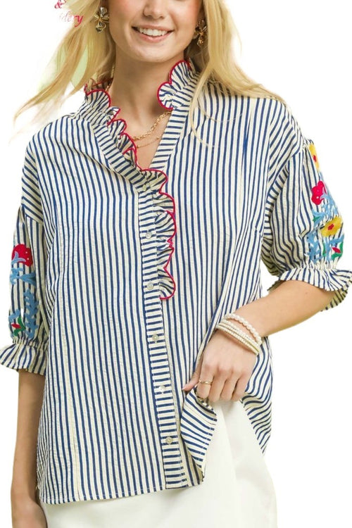 Blue Stripe Embroidered Ruffle Trim Blouse