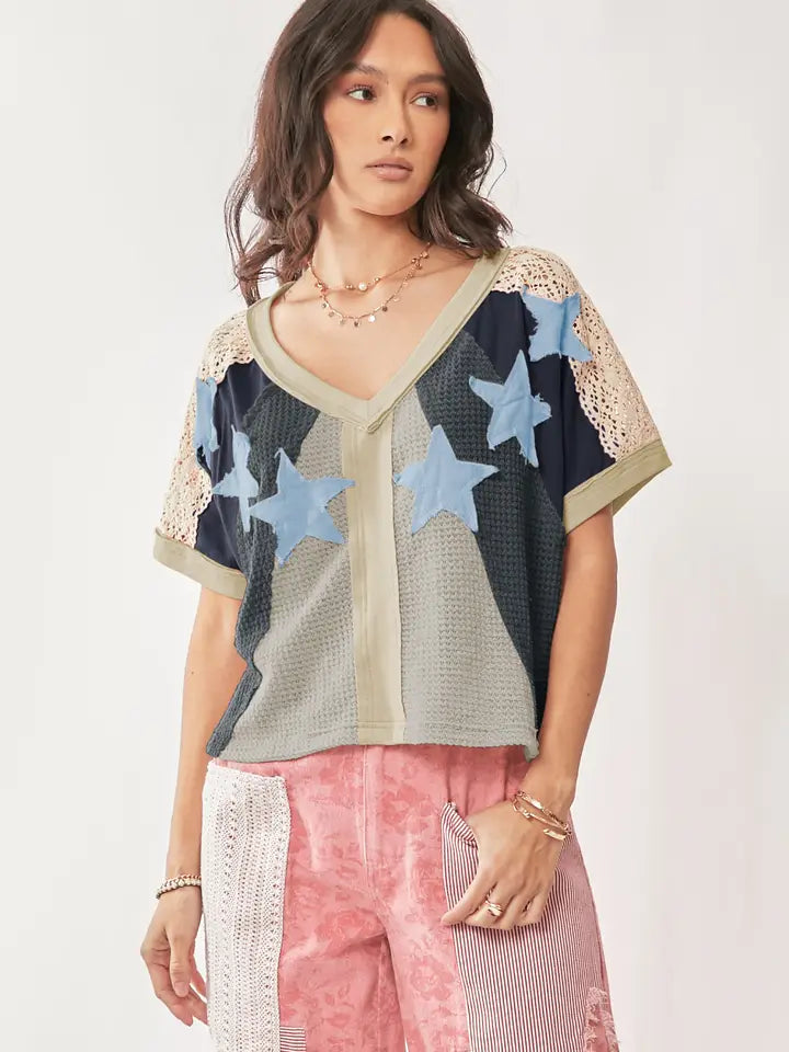 Star Patch Detail Color Blocked Drop Shoulder Top