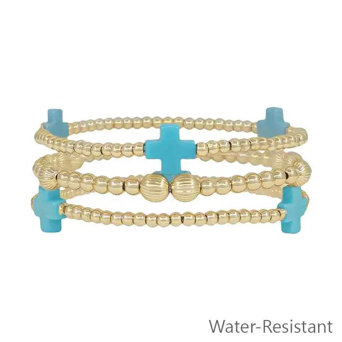 Water Resistant Gold Beaded and Turquoise Colored Cross Set of 3 Stretch Bracelets
