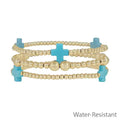 Water Resistant Gold Beaded and Turquoise Colored Cross Set of 3 Stretch Bracelets